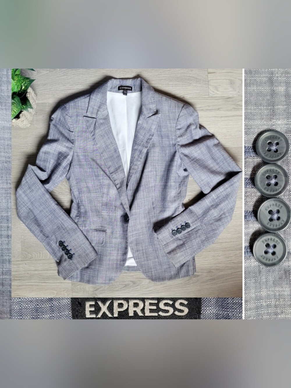 Express Chambray Gray Blue Textured 100% Cotton Fitted Blazer, Women's US 0
